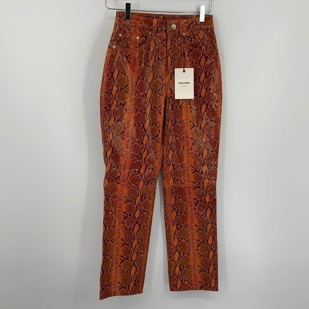 GRLFRND Shiloh leather orange snakeskin embossed ankle straight leg new 24